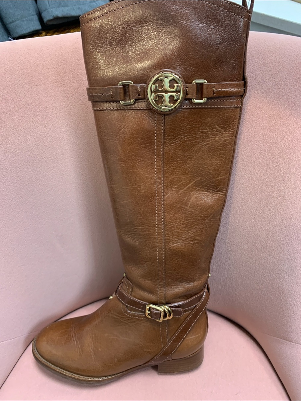 Tory Burch Brown Leather Tall Riding Boots with Gold Logo